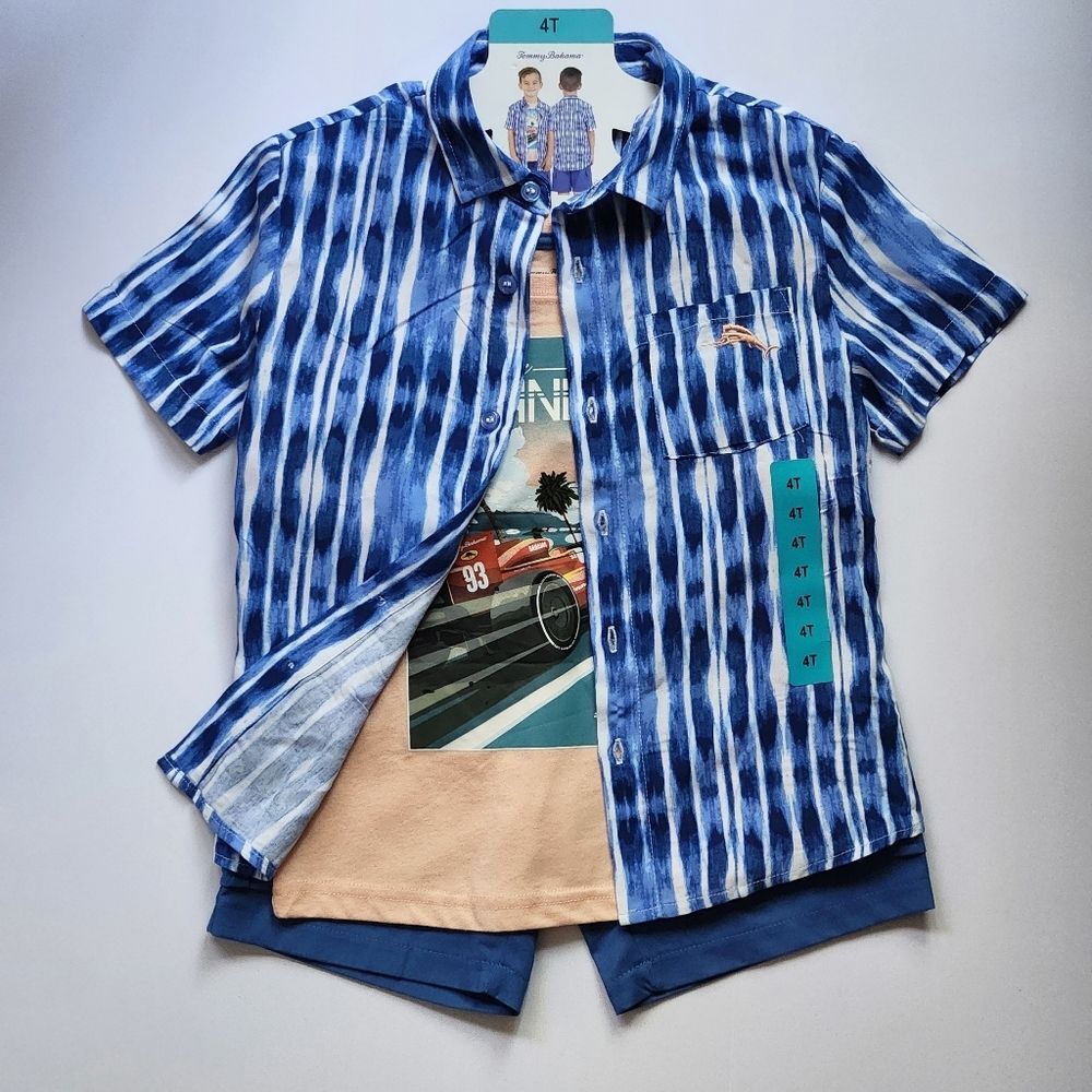 Tommy Bahama Boys Set 3-pieces Button Down Shirt Graphic T-Shirt & Shorts Size 4